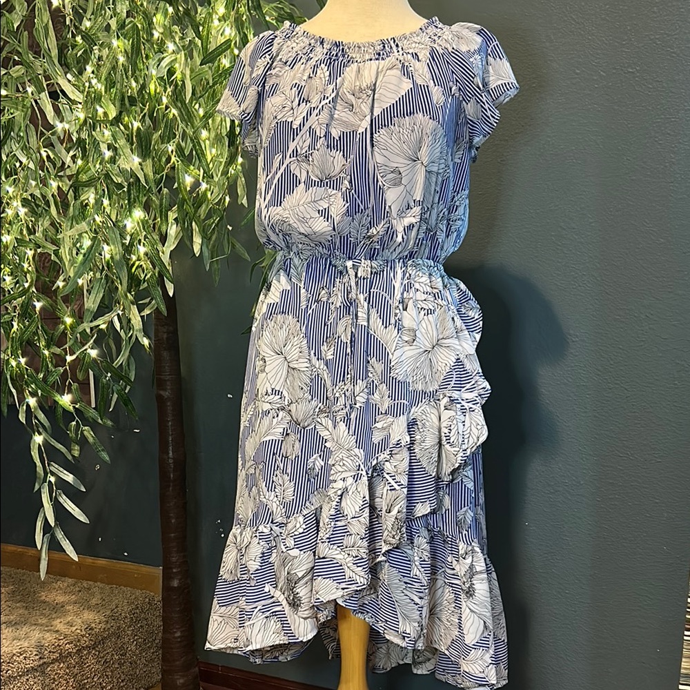 Blue and White Asymmetrical Ruffled Sundress